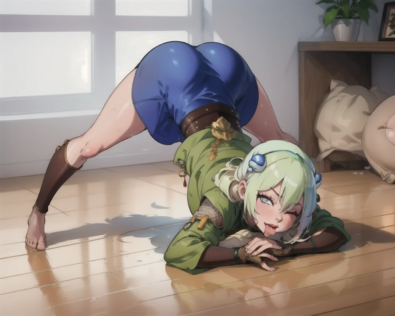 (masterpiece, best quality:1.2), extremely detailed, detailed hair, intricate details, finely detailed, [[soft lighting, volumetric lighting]],  looking at viewer, muscular, muscular female, huge breasts, frilled (turtleneck), cropped-jacket , , (hair over one eye, sidecut , topknot, orange hair ,streaked hair ,okappa), surprised , sweat, , , blush, lipstick, makeup, one eye closed,( licking lips:1.2), tongue,( tongue out:1.2), (sunset ), 2girls, solo, black hair, hairband, belt, short hair, grey eyes, green hairband, blind, chinese clothes, hair bun, green dress, short sleeves, pelvic curtain, barefoot, fighting stance, outdoors, rock, curvy, sweating, oily, detailed, foot, toes curled