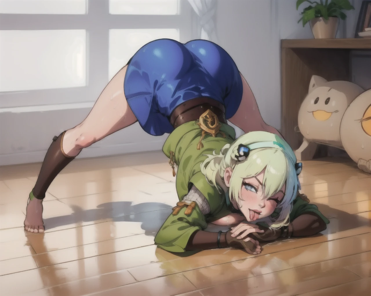 (masterpiece, best quality:1.2), extremely detailed, detailed hair, intricate details, finely detailed, [[soft lighting, volumetric lighting]],  looking at viewer, muscular, muscular female, huge , frilled (turtleneck), cropped-jacket , , (hair over one eye, sidecut , topknot, orange hair ,streaked hair ,okappa), surprised , sweat, , , blush, lipstick, makeup, one eye closed,( licking lips:1.2), tongue,( tongue out:1.2), (sunset ), 2girls, solo, black hair, hairband, belt, short hair, grey eyes, green hairband, blind, se clothes, hair bun, green dress, short sleeves, pelvic curtain, barefoot, fighting stance, outdoors, rock, curvy, sweating, oily, detailed, foot, toes curled