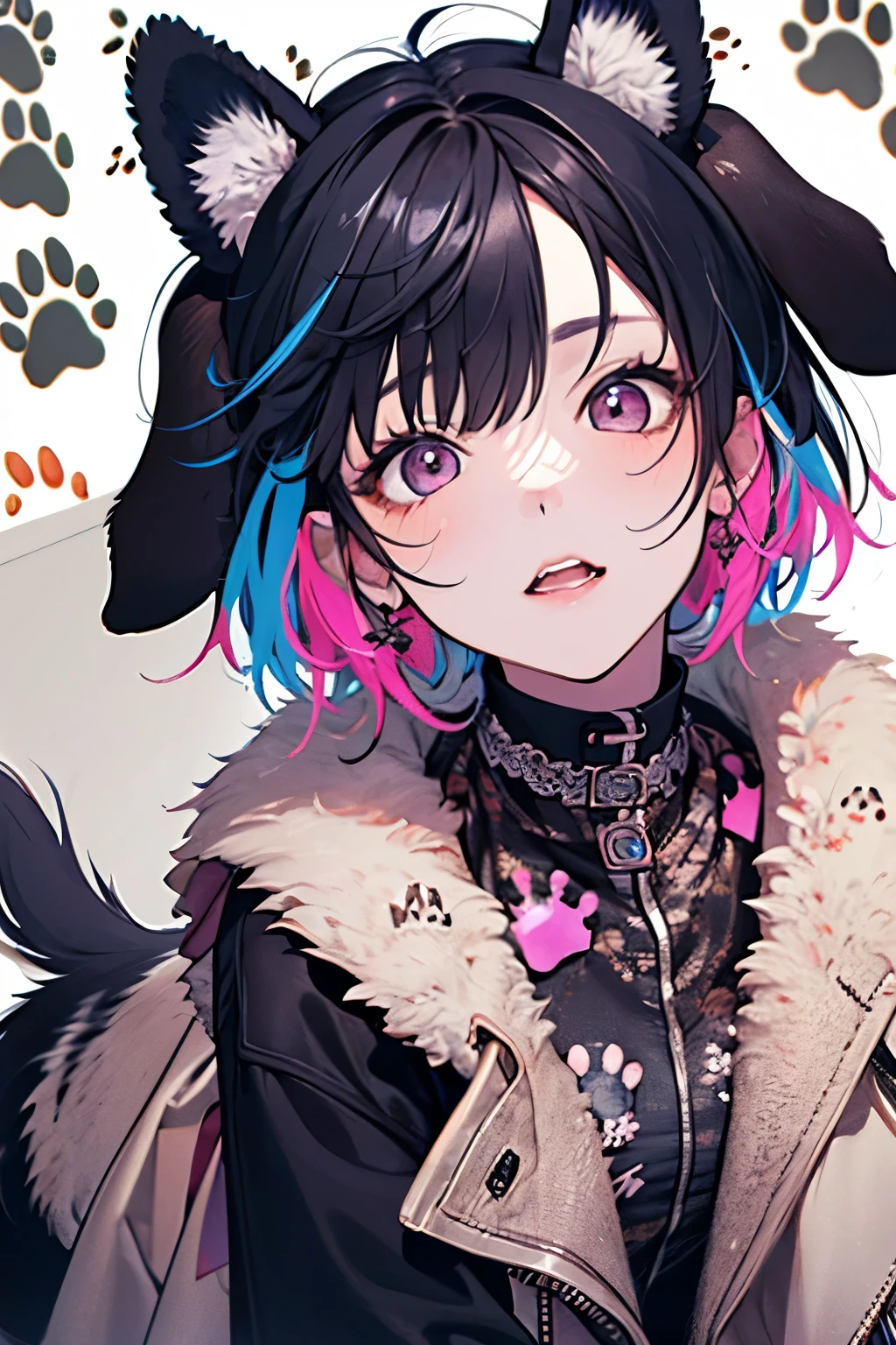 girl,((dog ears:1.3)),((Fancy and cute winter clothes)),Angle from above,((cute pose)),BREAK//((Animal footprints background:1.3)),((colorful:1.2)),((close up of face))