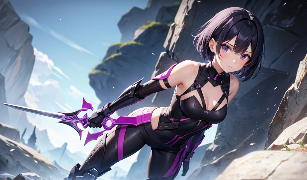young woman with purple short hair, dark gray skin, flat chest，cleavage，Extremely slim body，tights，bare arm gauntlets，leggings，dagger，metallic line，Standing，valley cliff
