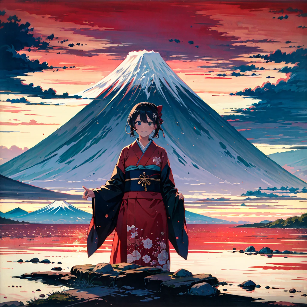 absurdres, highres,
BREAK
girl wearing kimono, beautiful black straight hair, ukiyoe style, India-ink painting, watercolor, Mt Fuji and cloud in background, smile
BREAK
