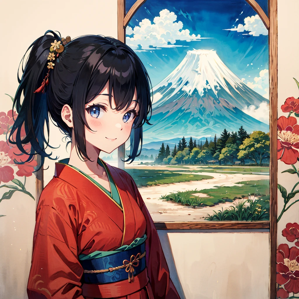 absurdres, highres,
BREAK
girl wearing kimono, beautiful black straight hair, ukiyoe style, India-ink painting, watercolor, Mt Fuji and cloud in background, smile
BREAK
