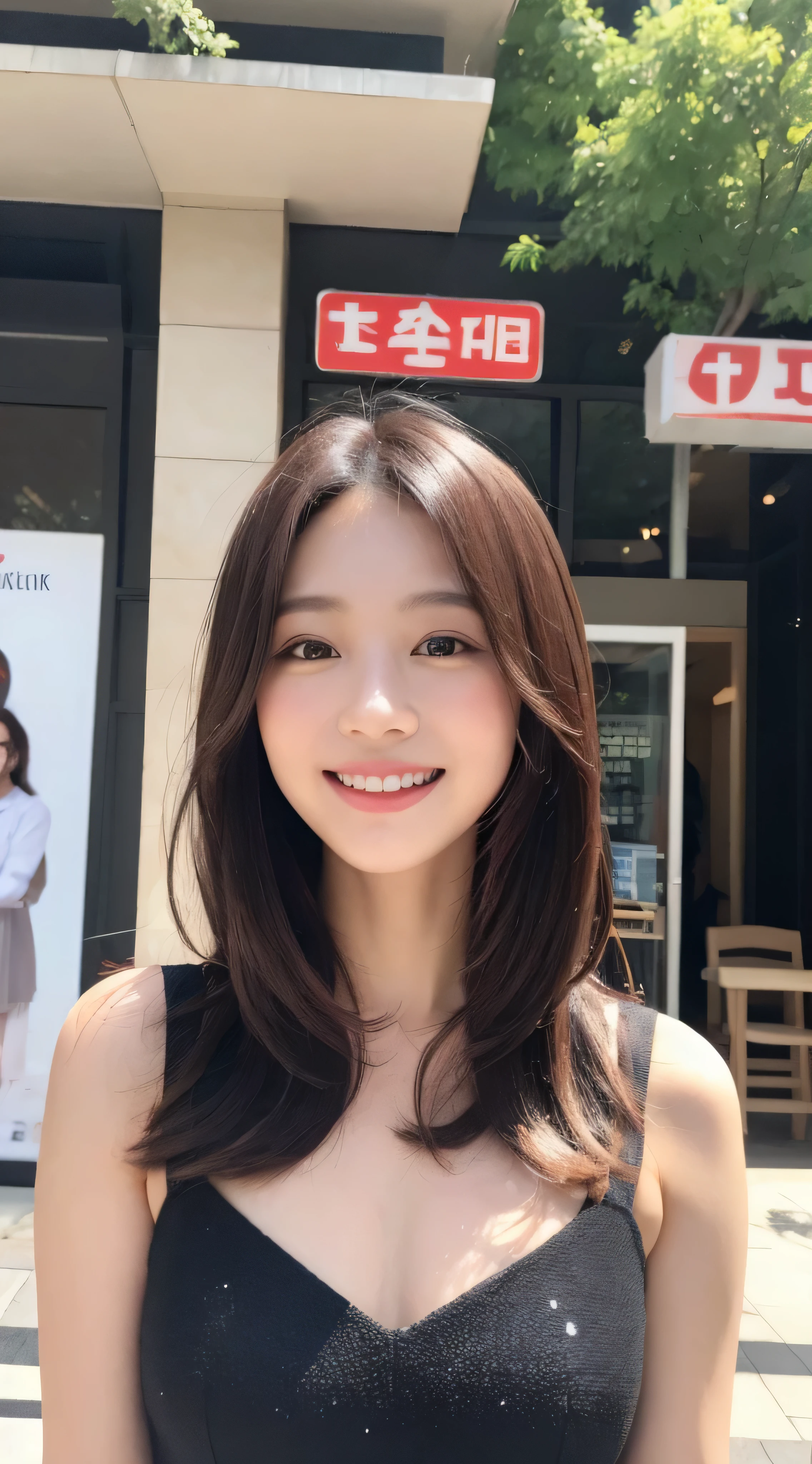 (((Yumikanok))),((Best quality, 8k, Masterpiece :1.3)), 1girl, smiling, full body, slim face, Pretty woman, (Dark brown hair), full length dress :1.1, Ultra-detailed face, Detailed eyes, Double eyelid, blur background, slim face, city, outside, street,