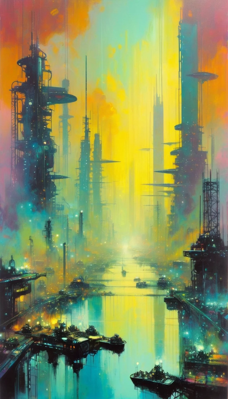 futuristic world, polluted world, robotic world, polluted water, polluted sky colors, industry, pollution, large landscape,,(art inspired by Bill Sienkiewicz ). oil painting)

