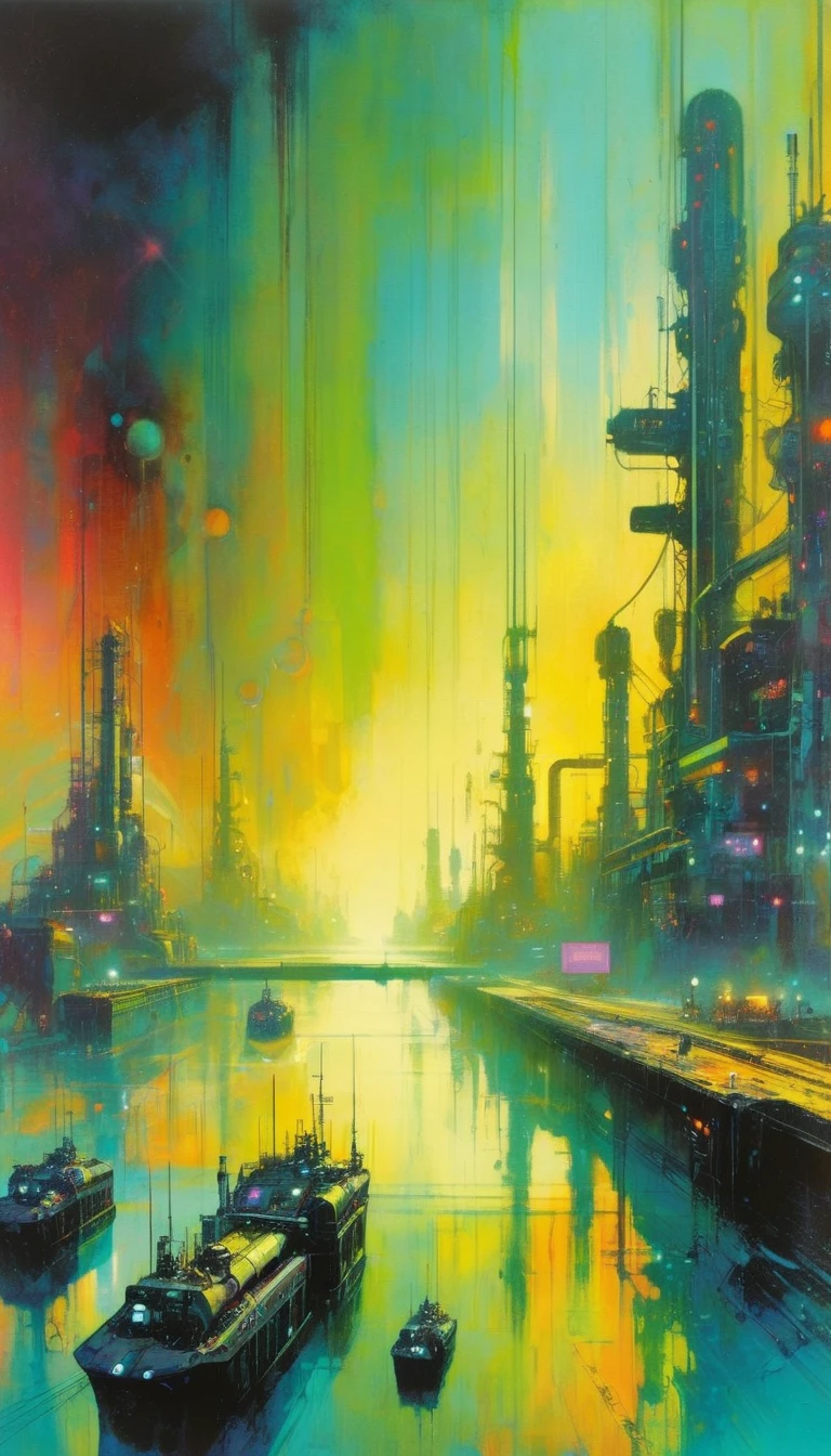futuristic world, polluted world, robotic world, polluted water, polluted sky colors, industry, pollution, large landscape,,(art inspired by Bill Sienkiewicz ). oil painting)