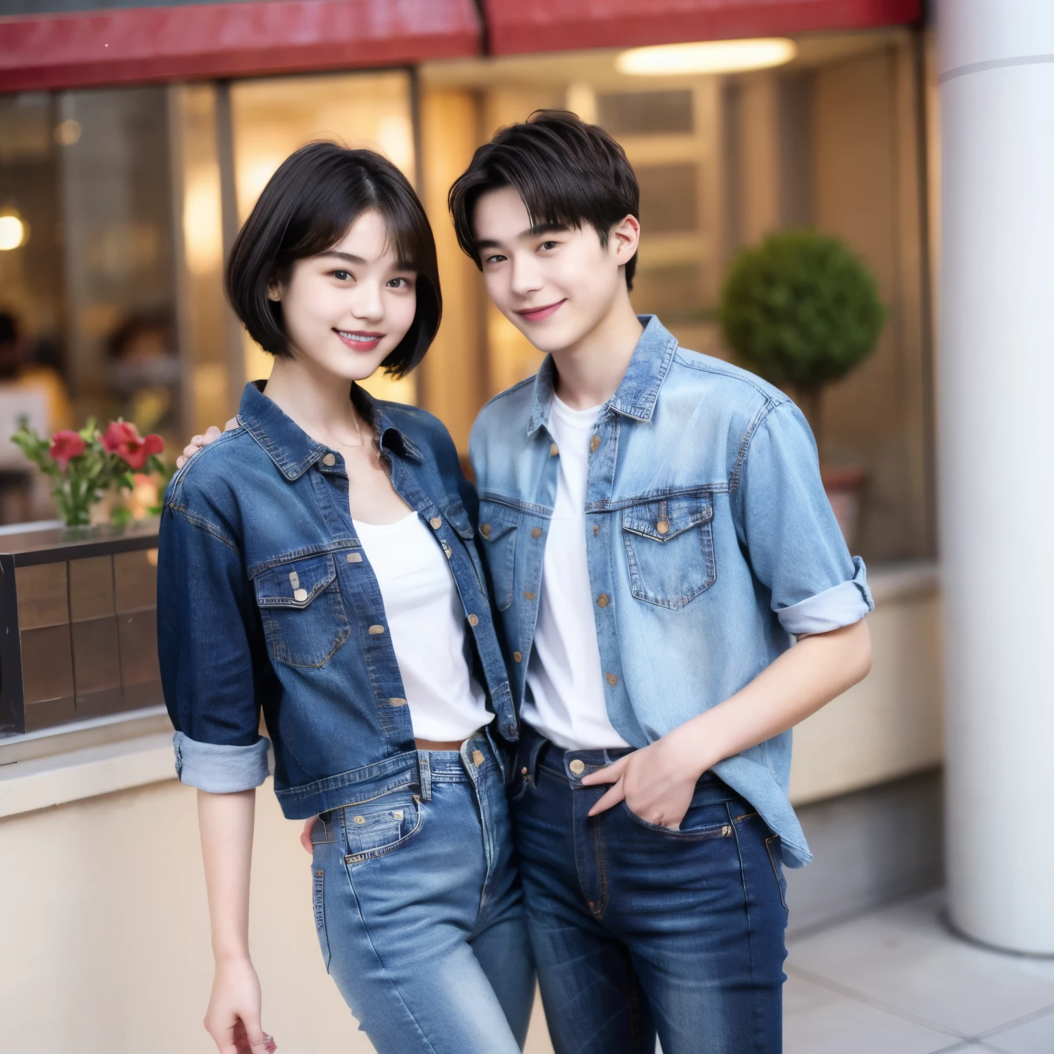 251 (An 18-year-old female and an 18-year-old male), (short hair),kind, lipstick, (jeans), (FloralTshirt), smile