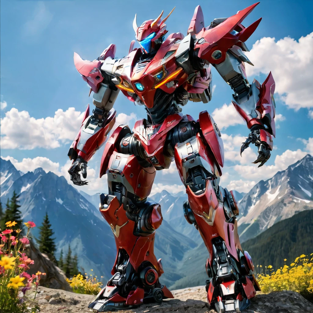 Super realistic,photography,cinematic lighting,A robot wearing heavy armor stood at the top of a mountain,with colorful wildflowers blooming at its feet,the dragon mech had an armor of teeth and claws,Black color with red icing