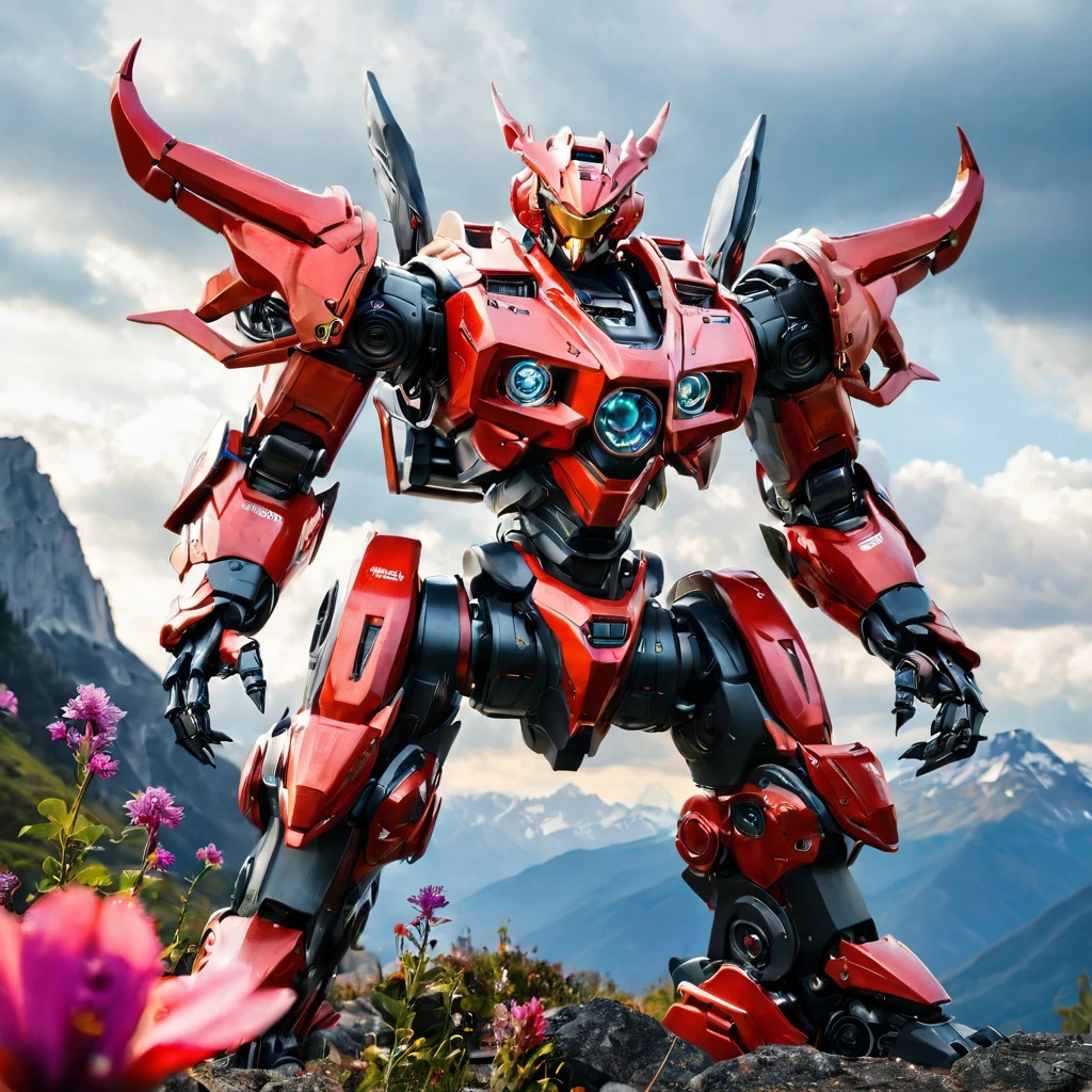 Super realistic,photography,cinematic lighting,A robot wearing heavy armor stood at the top of a mountain,with colorful wildflowers blooming at its feet,the dragon mech had an armor of teeth and claws,Black color with red icing