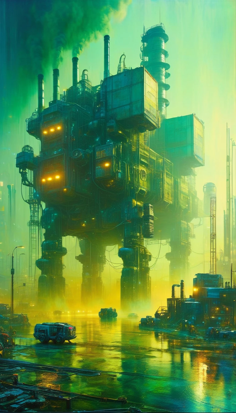 a futuristic polluted industrial world, large landscape, robotic elements, murky water, hazy polluted sky, vibrant colors, oil painting, (best quality,4k,8k,highres,masterpiece:1.2),ultra-detailed,(realistic,photorealistic,photo-realistic:1.37),hyperrealistic,cinematic lighting,dynamic composition,rich textures,gritty atmosphere,dystopian,Bill Sienkiewicz style