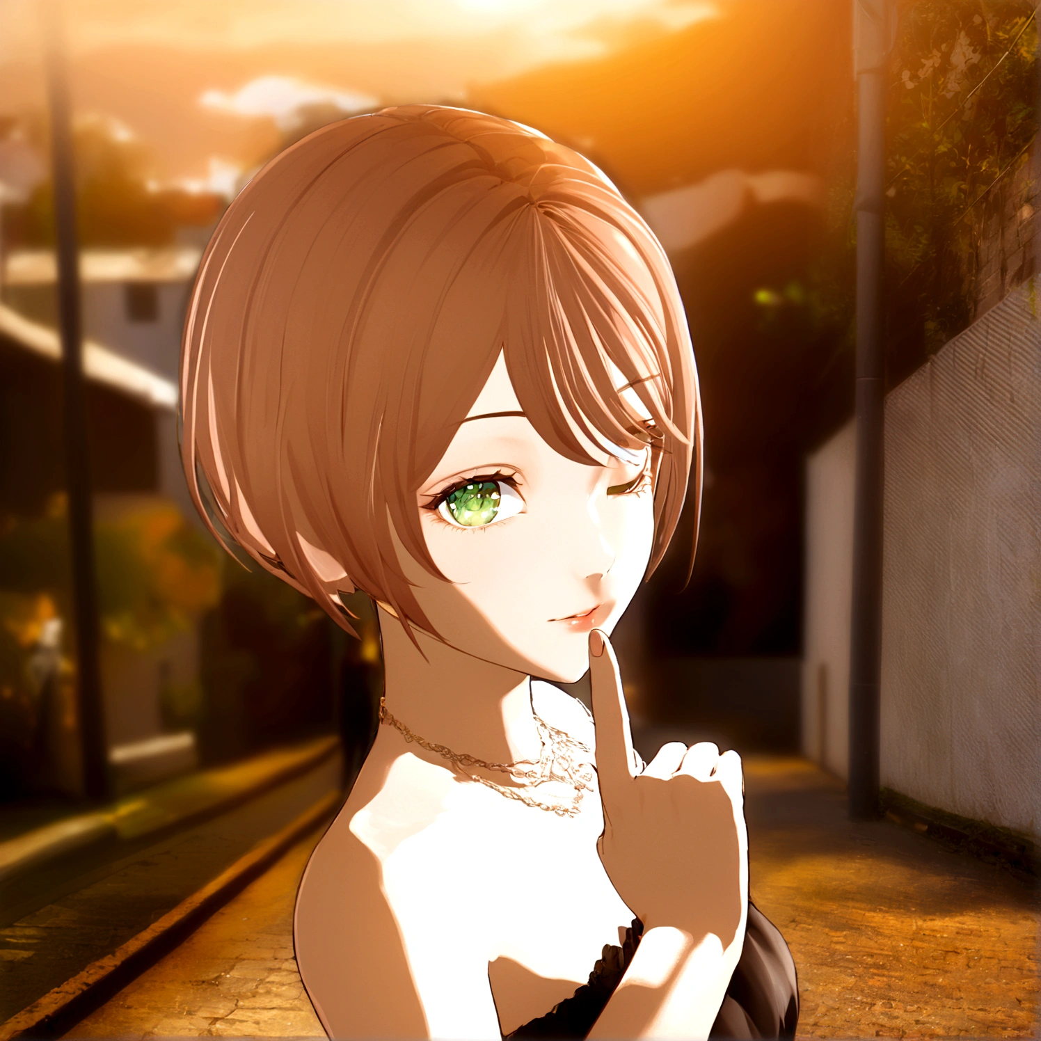 Close your left eye、Close your left eye、Hold up the index finger of your right hand、anime girl with brown hair and green eyes standing on a street, realistic anime 3 d style, smooth anime cg art, made with anime painter studio, anime style. 8K, anime. Soft lighting, anime styled 3d, semirealistic anime style, photorealistic anime girl render, painted in anime painter studio, realistic young anime girl, semi realistic anime