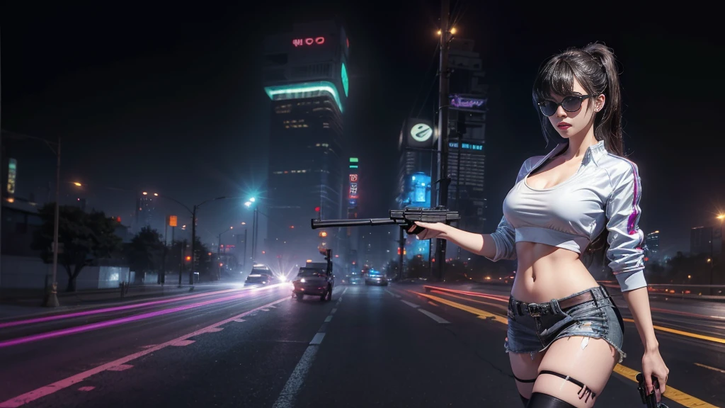 ８k, Realistic Skin Texture, Realistic Photo, Neo Tokyo, slim Japanese women, large-breast:1.3 cleavage, ＡＤ2050 at night, Dirty hunting jacket, Wearing multiple shirts, miniskirt, (((black sunglasses, automatic rifle, sneakers, cold, shooting pose, low angle view))), Innovative composition, revenge, An old 1966 Ford Bronco that looks out of place in a city, cyberpunk, blade runner worldview, Large neon sign, Geisha hologram sign, Strong Wakamoto Sign.