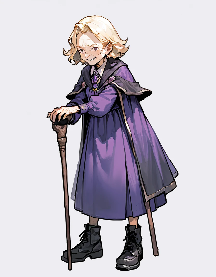 score_9, score_8_up, score_7_up,score_6_up, score_5_up, score_4_up,
BREAK
solo,upperbody, purple dress, black boots,standing, elderly, old, old woman,cloak, cane, 
simple background, 
 blonde hair, elderly, smile, old, old woman,wrinkles,elderly
 Expressiveh,