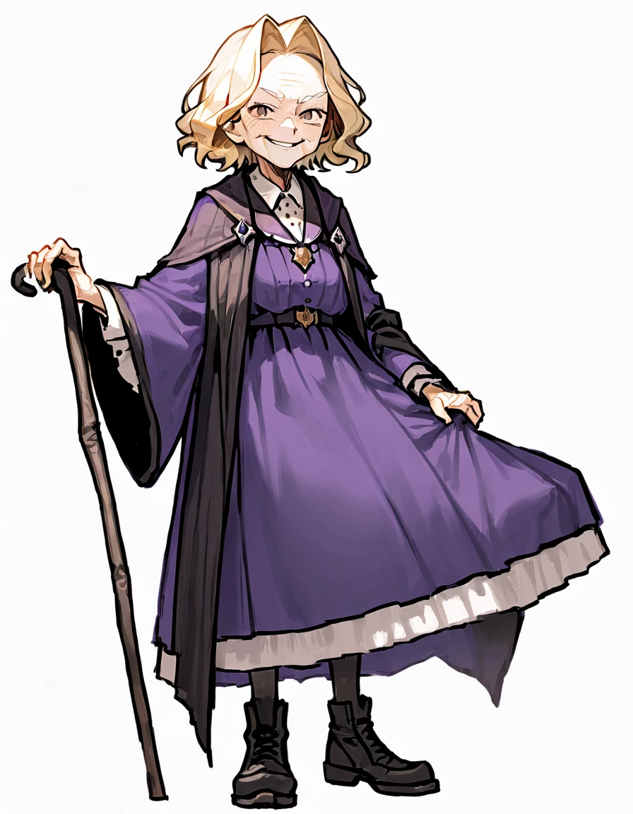 score_9, score_8_up, score_7_up,score_6_up, score_5_up, score_4_up,
BREAK
solo,upperbody, purple dress, black boots,standing, elderly, old, old woman,cloak, cane, 
simple background, 
 blonde hair, elderly, smile, old, old woman,wrinkles,elderly
 Expressiveh,