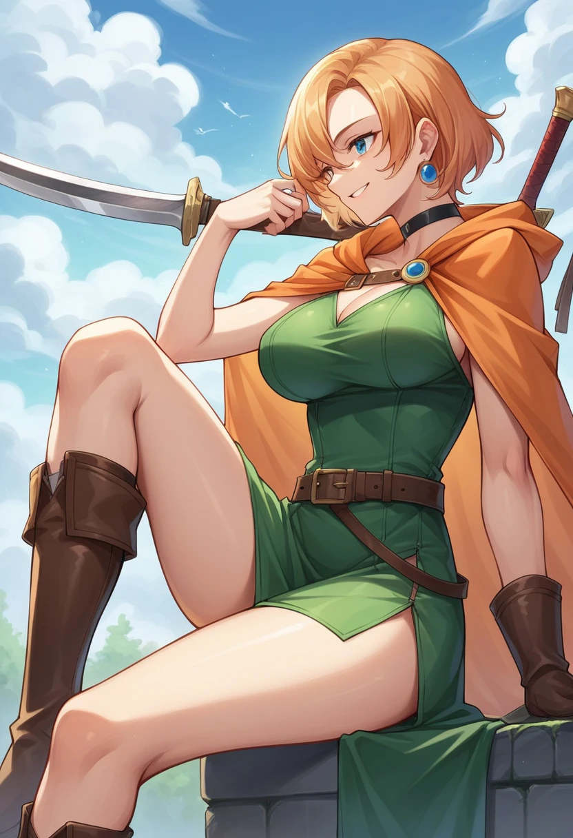 score_9, score_8_superior, score_7_superior, sauce_Anime BREAK 1 Girl, alone,  DQ Bianca, Single Blade, Hair that falls over the shoulders, Earrings, choker, Orange Cape, Green Dress, belt, (Large Breasts:0.9), boots, Sitting, From the side, looking superior, blue sky, smile, I&#39;m watching you, Highest quality, Dragon Quest World