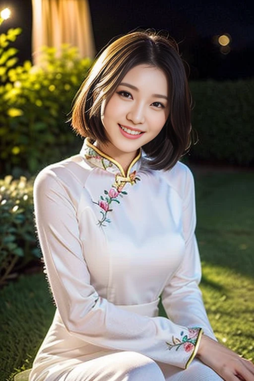 (a gorgeous Chinese lady, age 18, Vietnamese traditional dress Ao Dai, stargazing at California night sky, friendly expression, gentle smile, dimpled smile, cute snaggle-tooth, short hair bob cut with bangs, long flowing hair, beautiful detailed face, bright and full of warmth eyes, beautiful detailed eyes, ample round bosom, photorealistic, hyper-realism, high contrast, ultra HD, realistic skin textures, top image quality, top-quality, super high resolution, fine details, very meticulously, masterpiece, head to knees, the Cowboy shot, romantic atmosphere, night background, peaceful garden, soft breeze)