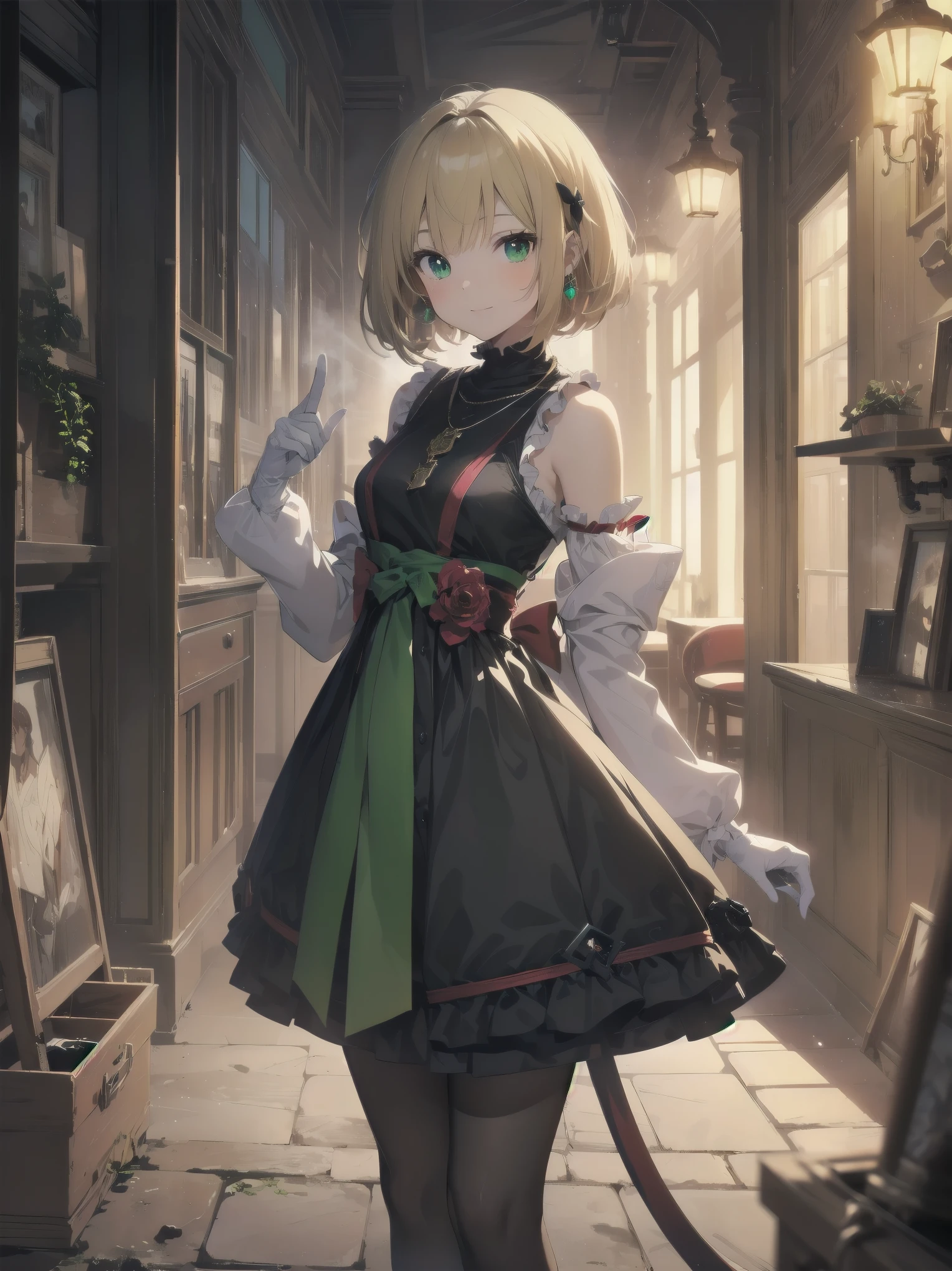 (masterpiece:1.2), (Highest quality:1.2), Ultra-high resolution, Very detailed, break, ((Anime girl standing with happiness in her hands)), Crazy girl, (1 person,Lolita,boyish, , 12 years old:1.3), A light smile, , girl who looks like a boy, Bob cut hair, ((Blonde Hair)), Messy Hair, A super-sized chest overflowing with soft fat masses、Waistline、Slender body, Small Ass, Small green eyes,Fine and beautiful eyes, Well-proportioned iris and pupil, Expressive eyes, Beautiful and detailed lips, High resolution detailed hair, Perfect Eyes, Perfect Face, ultra high density skin, Full Finger, Perfect lighting, break, ((Light green necklace)), ((Black and red luxury dress:1.3)), light green tie, Sparkling Sapphire, Lady, Wear white gloves, break, (steampunk), Castle balcony, Skyscraper, Night view, Equipment, pipe, (Steam spewing out from pipes:1.2), Fantasy, break, ((Positive:1.3)), break, Digital anime art,Anime style illustrations,Anime illustration