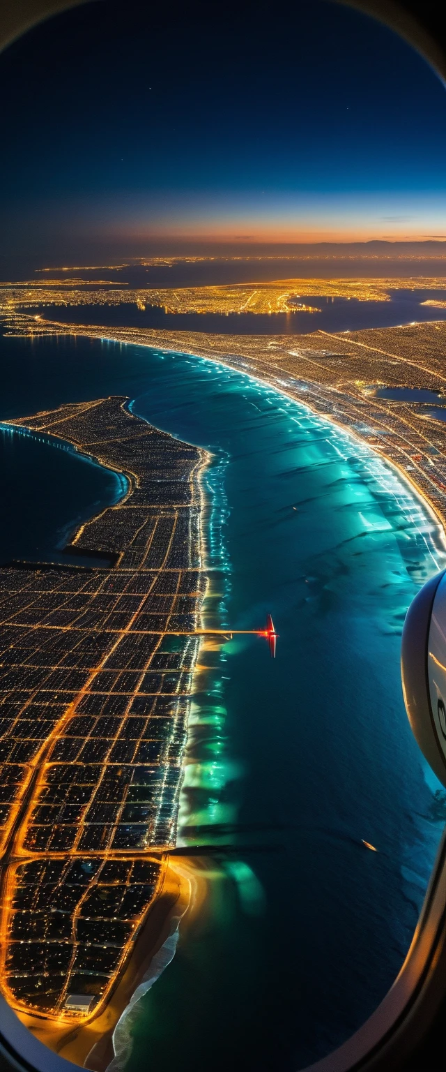 Highest quality,(masterpiece:1.2),Ultra-high resolution,RAW color photos,8K,Vast landscape photography,Realistic photos,Elaborate photos,View from the window of a landing plane,night,Ocean,Streetscape,Depth of written boundary,Wide Light,Low Contrast,Backlight,Sharp focus,Vibrant colors,Dynamic composition