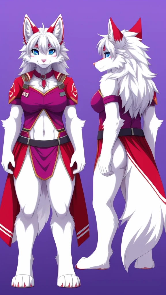 create a image of a furry wolf female anthropomorphic white fur mixed with purple and red designs on her fur blue eyes pink nose full body anime digital artstyle fursona reference sheet