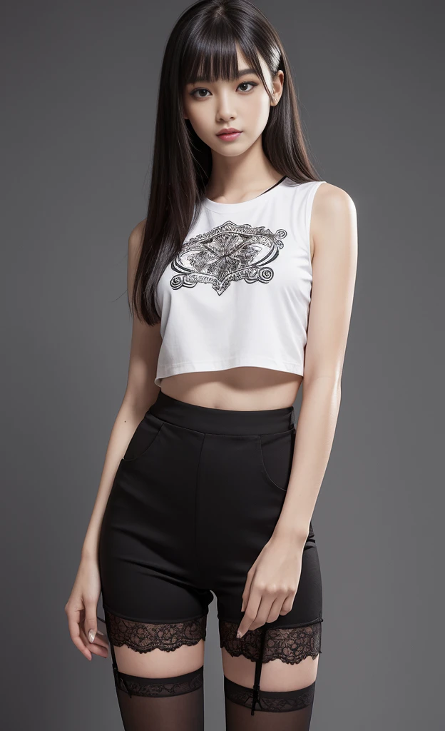 Highest quality, Masterpiece level, Intricate details, High-precision graphics, Ultra HD, Detailed Shadows, Great atmosphere, Dark Background, Shadow effects, Local Light, Pure beautiful girl, Individual solo exhibition, Exquisitely detailed face and eyes, Real skin fit, Black and white contrast scheme, High waist and thin leg line, Shorts and stockings, (Tops are sleeveless T-shirts, Full-body presentation),