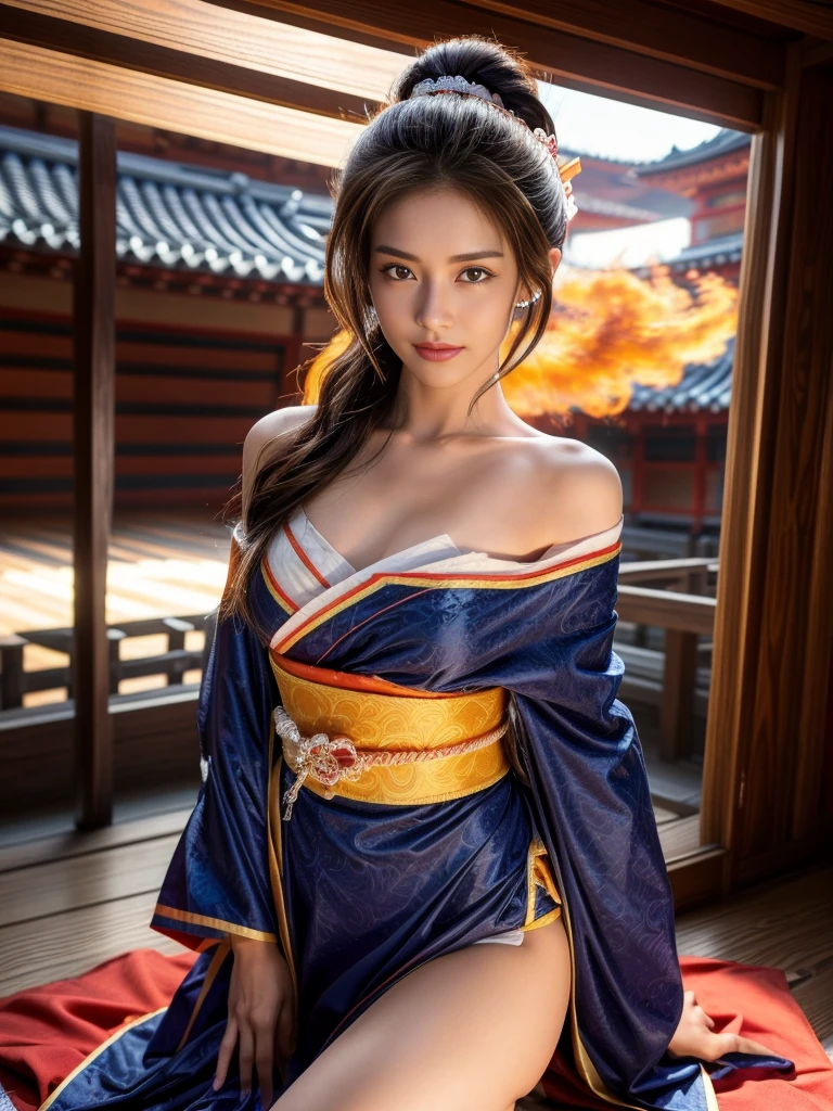 (RAW shooting, Photoreal:1.5, 8k, highest quality, masterpiece, ultra high resolution), Sengoku, perfect dynamic composition:1.2, Mysterious:1.3, Highly detailed skin and facial textures:1.3, A slim female samurai makes a practice swing with a Japanese sword:1.1, beautiful and aesthetic:1.2, cute and sexy beauty, perfect style, wear elaborate rings, fire, water, Wind, thunder, ice, Fair skin, very beautiful face, (Medium chest, Chest gap), (embarrassing smile, The expression on your face when you feel intense caress, Facial expression when feeling pleasure), (Wearing a sexy Sengoku uniform:1.1, off shoulder), (beautiful blue eyes, Eyes that feel beautiful eros:0.8), (Too erotic:0.9, Bewitching:0.9), full body shot, Japanese castle in the background