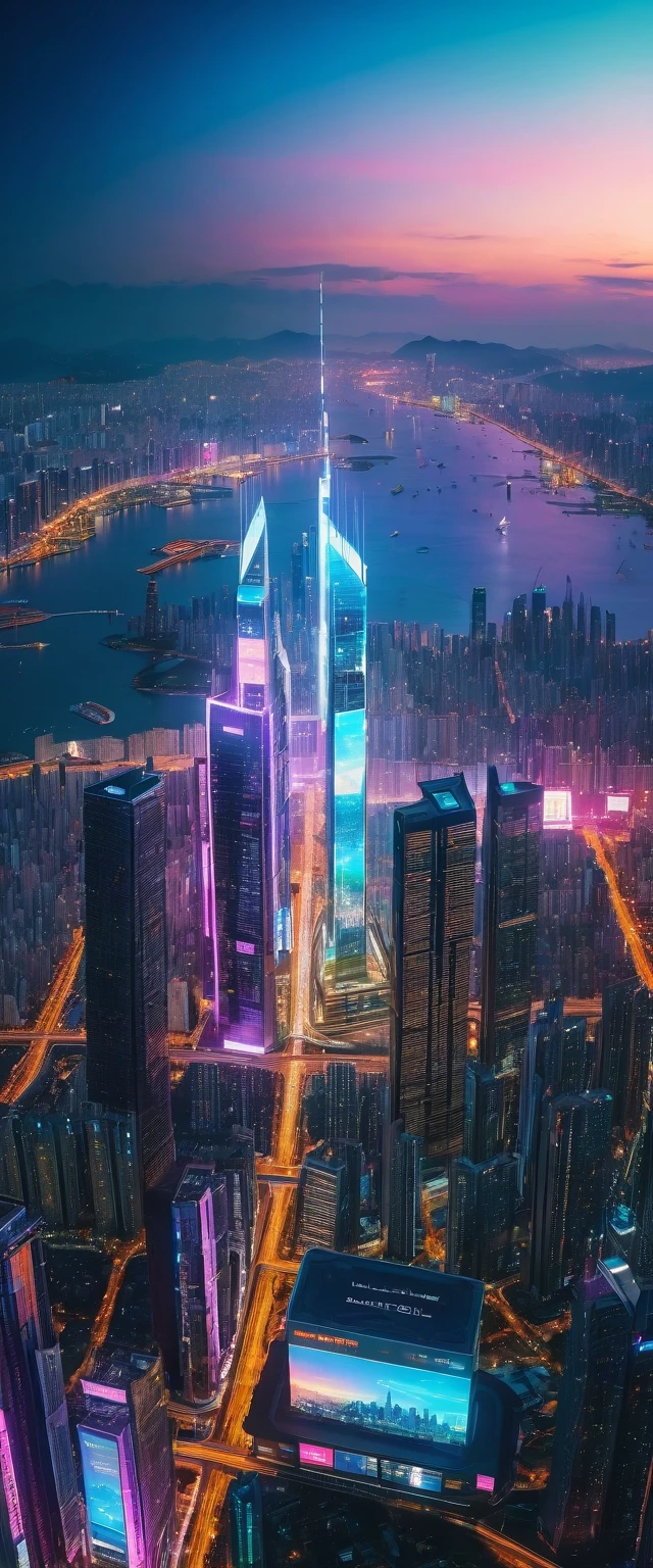 Highest quality,(masterpiece:1.2),Ultra-high resolution,RAW color photos,8K,Vast landscape photography,Realistic photos,Elaborate photos,Night view from the sky,Cyberpunk City,Skyscraper,Projected Hologram,Depth of written boundary,Wide Light,Low Contrast,Backlight,Sharp focus,Vibrant colors,Dynamic composition,morning日,morning
