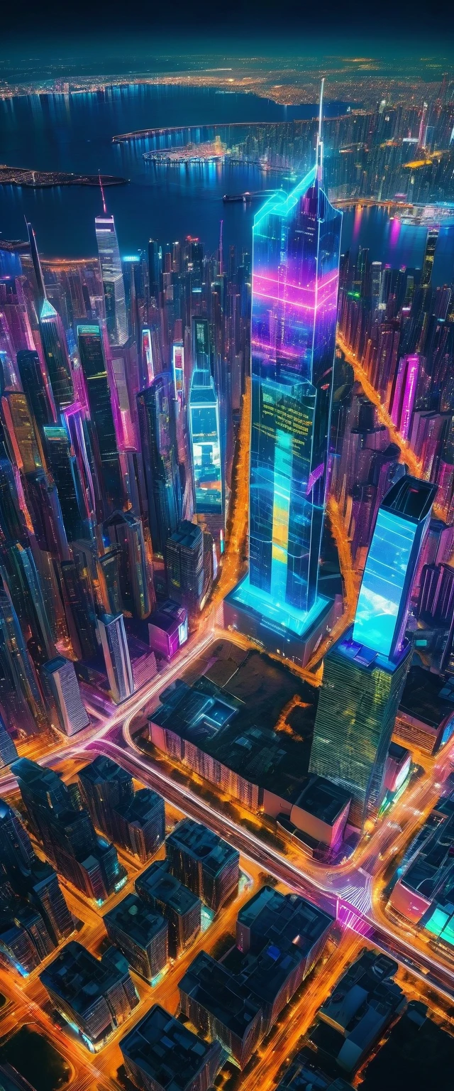 Highest quality,(masterpiece:1.2),Ultra-high resolution,RAW color photos,8K,Vast landscape photography,Realistic photos,Elaborate photos,Night view from the sky,Cyberpunk City,Skyscraper,neon,Projected Hologram,Depth of written boundary,Wide Light,Low Contrast,Backlight,Sharp focus,Vibrant colors,Dynamic composition
