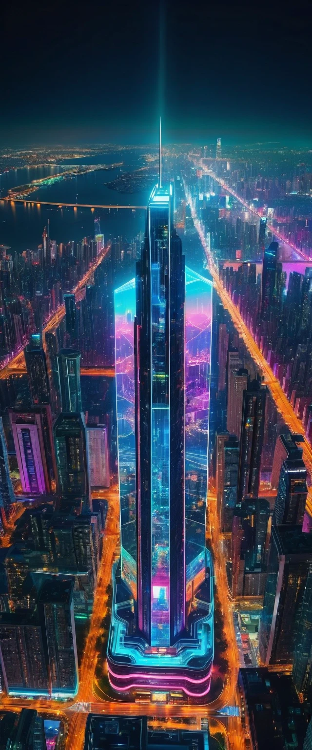 Highest quality,(masterpiece:1.2),Ultra-high resolution,RAW color photos,8K,Vast landscape photography,Realistic photos,Elaborate photos,Night view from the sky,Cyberpunk City,Skyscraper,neon,Projected Hologram,Depth of written boundary,Wide Light,Low Contrast,Backlight,Sharp focus,Vibrant colors,Dynamic composition
