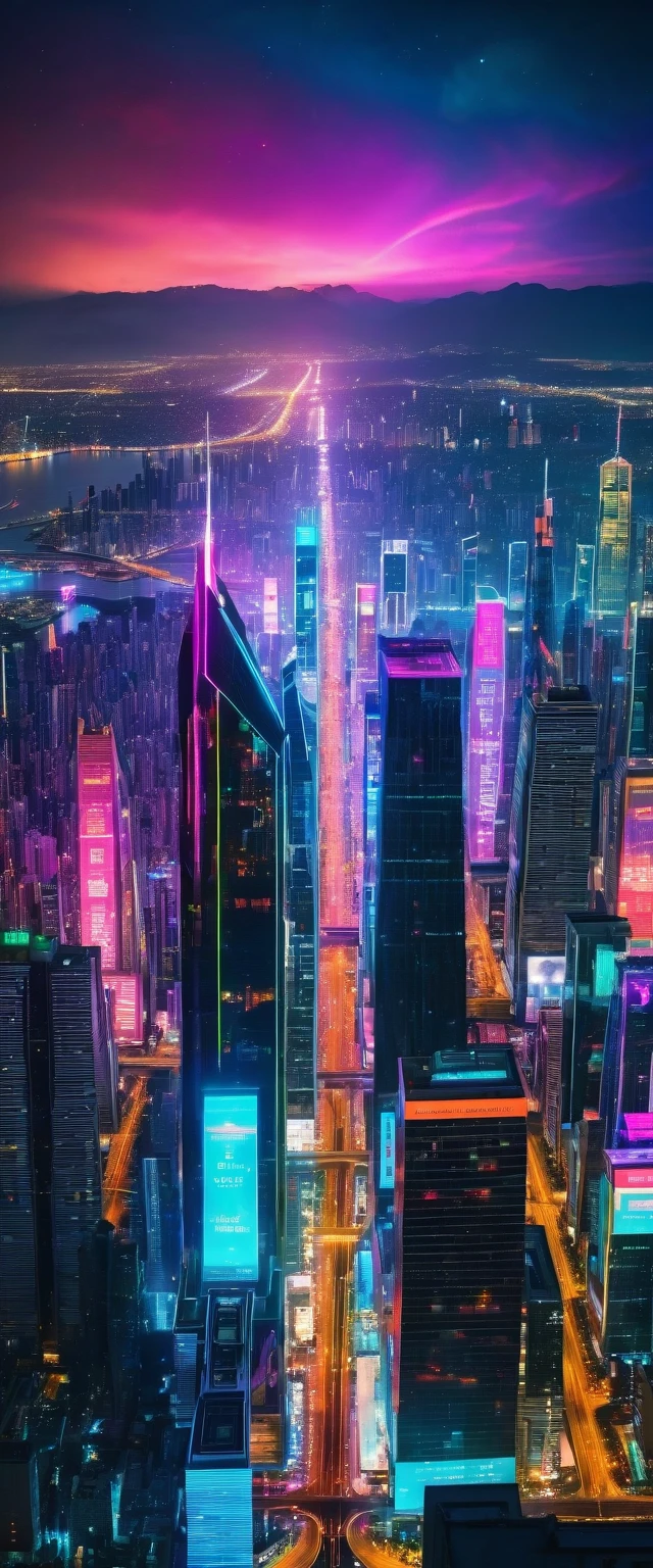 Highest quality,(masterpiece:1.2),Ultra-high resolution,RAW color photos,8K,Vast landscape photography,Realistic photos,Elaborate photos,Night view from the sky,Cyberpunk City,Skyscraper,neon,Projected Hologram,Depth of written boundary,Wide Light,Low Contrast,Backlight,Sharp focus,Vibrant colors,Dynamic composition
