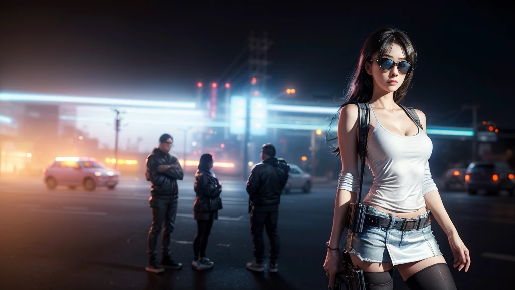 ８k, Realistic Skin Texture, Realistic Photo, Neo Tokyo, slim Japanese women, large-breast:1.3 cleavage, ＡＤ2050 at night, Dirty hunting jacket, Wearing multiple shirts, miniskirt, (((black sunglasses, automatic rifle, sneakers, cold, shooting pose, low angle view))), Innovative composition, revenge, An old 1966 Ford Bronco that looks out of place in a city, cyberpunk, blade runner worldview, Large neon sign, Geisha hologram sign, Strong Wakamoto Sign.