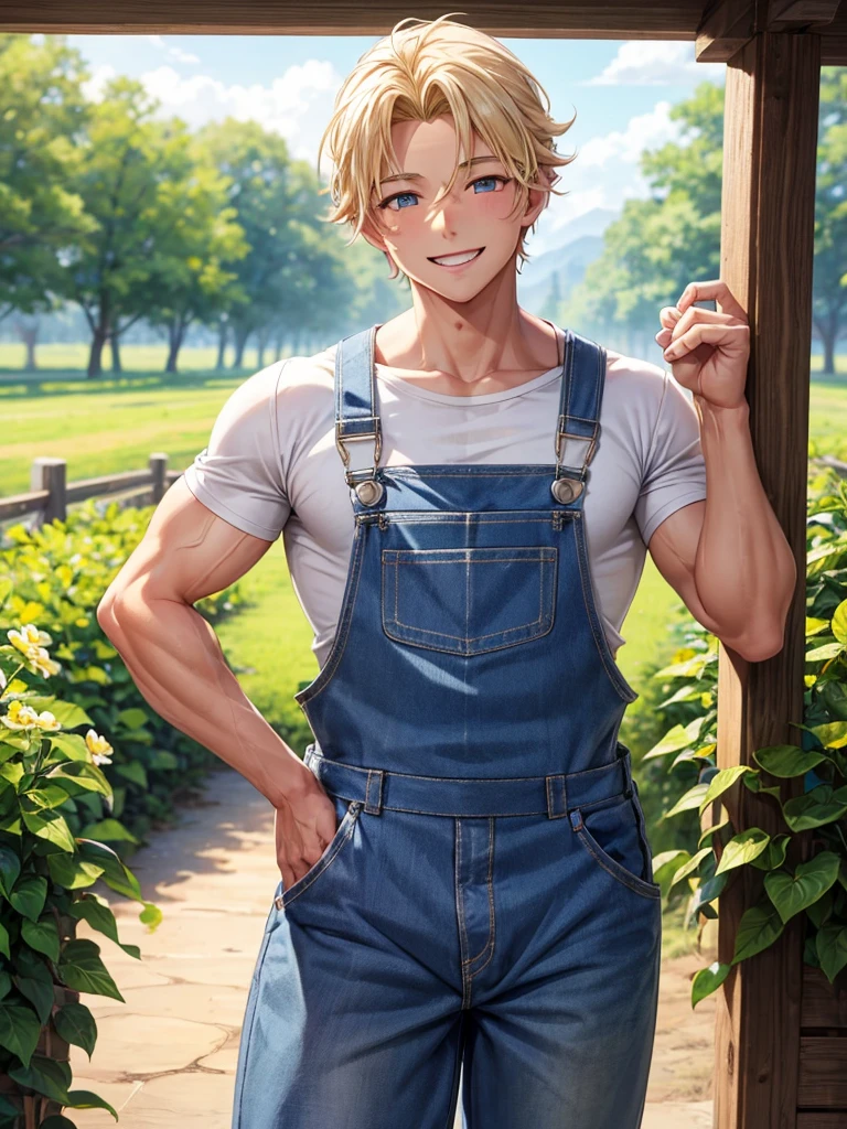 A muscular farmer boy, shirtlees and in overalls. Blonde hair, tan skin and smiling eyes, with a big radiant smile. 