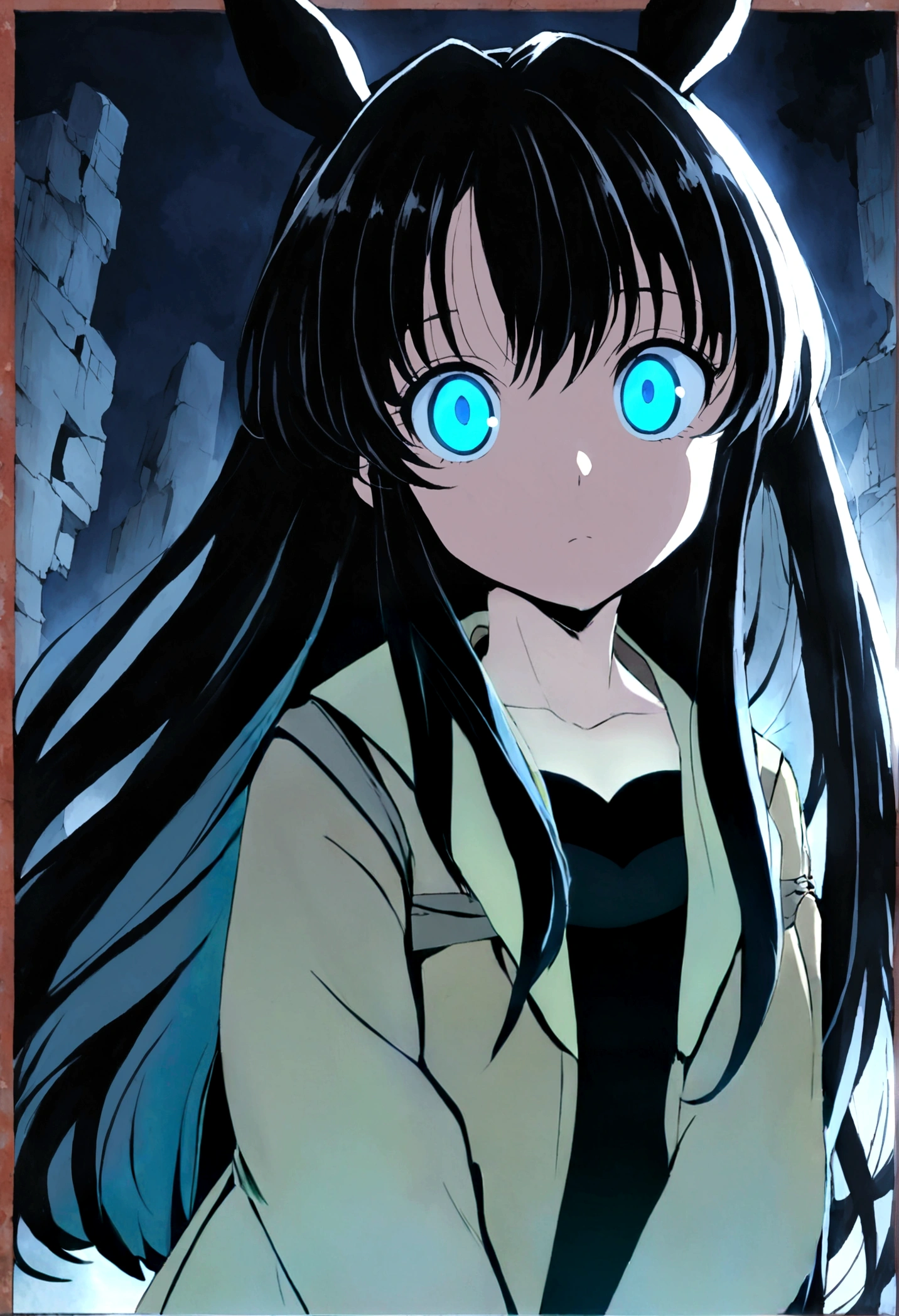 Anime girl with long black hair and blue eyes, Anime Moe Art Style, Gothic maiden anime girl, Gap Moe Yandere Grim Dark, Anime girl in a black dress, Ghostly eyes and dark hair, 1 7 - Year Old Anime Girl, ufotable's art style, by Hitoshi Homura, Fate-like anime style/Stay Night, Long Hair Anime Girl In the ruins Decadent dark Gothic Horror Light blue eyes Horse ears Horse Girl Brown coat