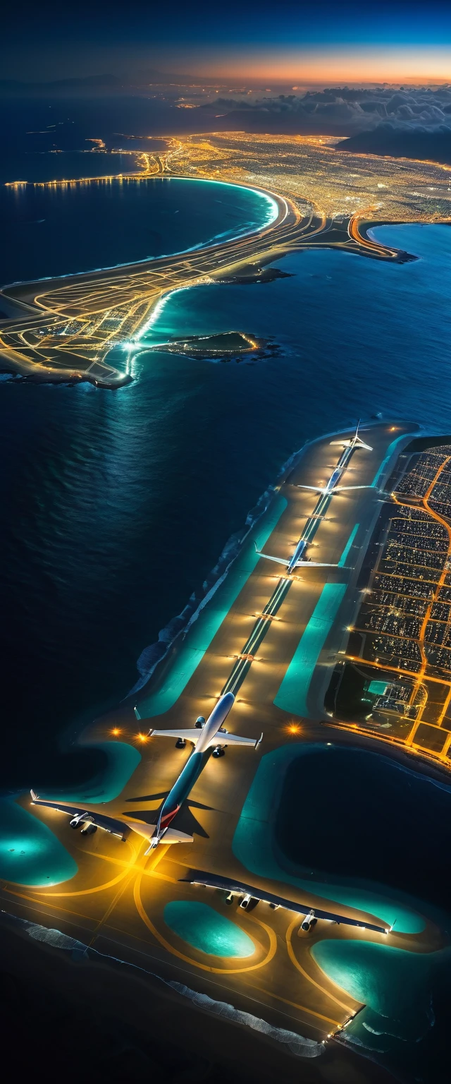 Highest quality,(masterpiece:1.2),Ultra-high resolution,RAW color photos,8K,Vast landscape photography,Realistic photos,Elaborate photos,(((View from the window of a landing plane))),Ocean,Runway,都会のnight景,night,Depth of written boundary,Wide Light,Low Contrast,Backlight,Sharp focus,Beautiful colors,Dynamic composition