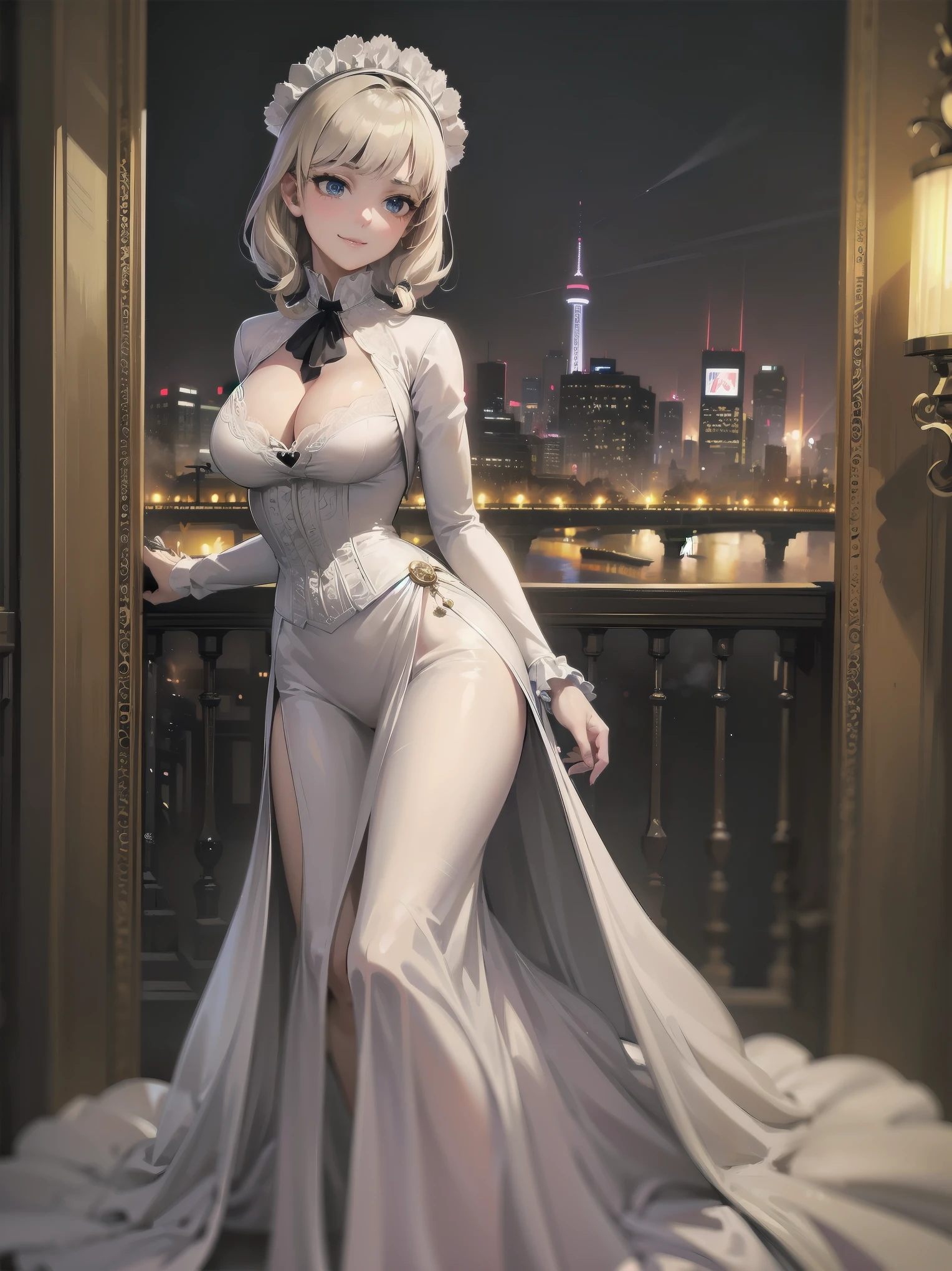 (Highest quality、16K、masterpiece、Ultra-high resolution、Victorian era、Photorealistic:1.2)、A delicate Lolita girl, aged 13, stands on a castle balcony at dusk, surrounded by the city's skyline and steampunk contraptions. Her platinum hair is messy, framing her androgynous charm. She wears a flowing white dress with a light green tie and holds a pocket watch in hand. A subtle smile plays on her lips as she gazes out at the night view, her eyes shining like sapphires. The air is filled with steam spewing from pipes, adding to the surreal atmosphere. Her skin glows with an ultra-dense texture, and her fingers are full and detailed.
