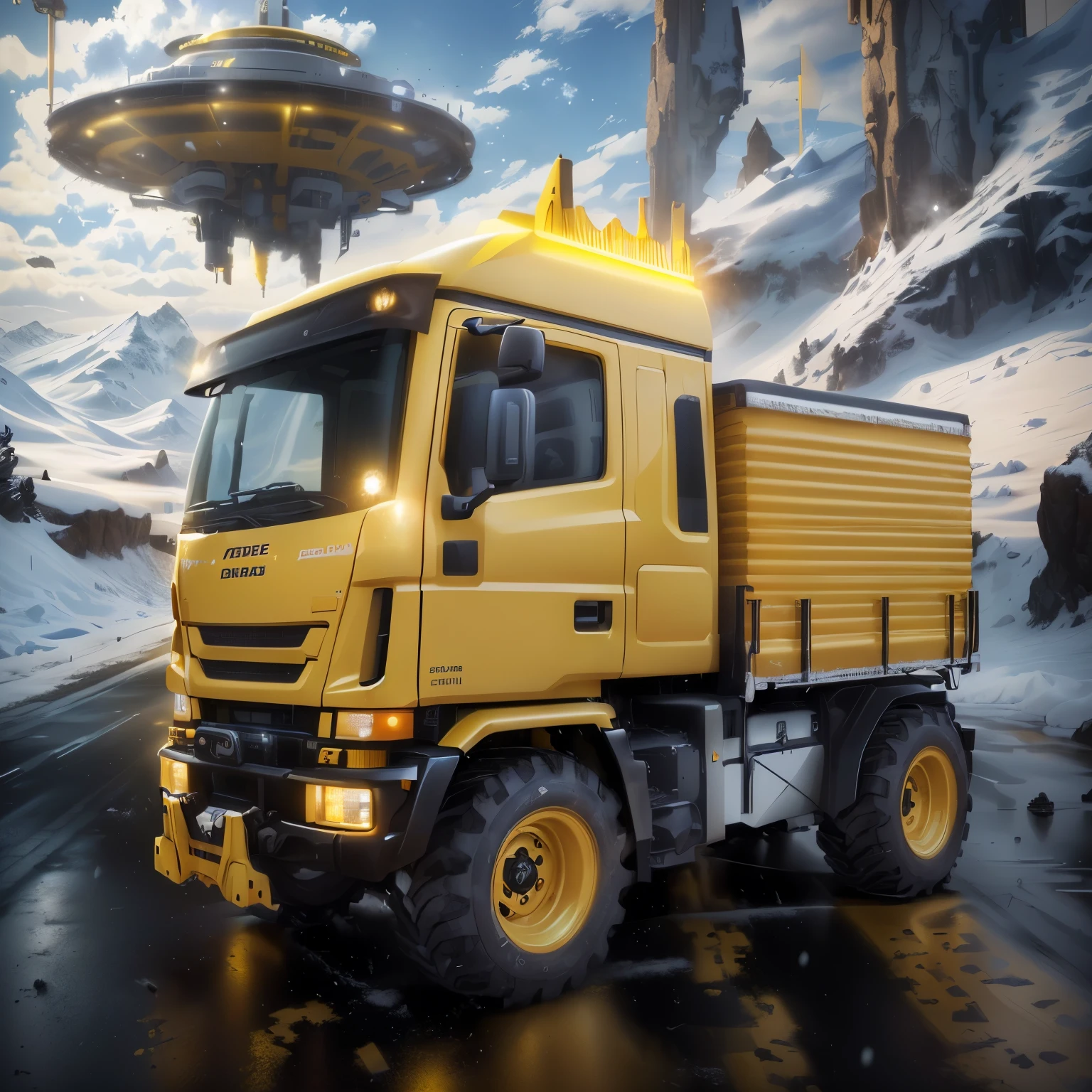 arafed yellow truck with a large wheel on a snowy road, vehicle concept photo!!, sci-fi car truck, adventure hyper realistic render, cute future vehicles, new vehicle, truck concept art, futuristic product truck shot, inspired by Chris Foss, based on bumblebee, anime art vehicle concept art, vehicle photography, cg art, vehicle illustration, truck, 40k