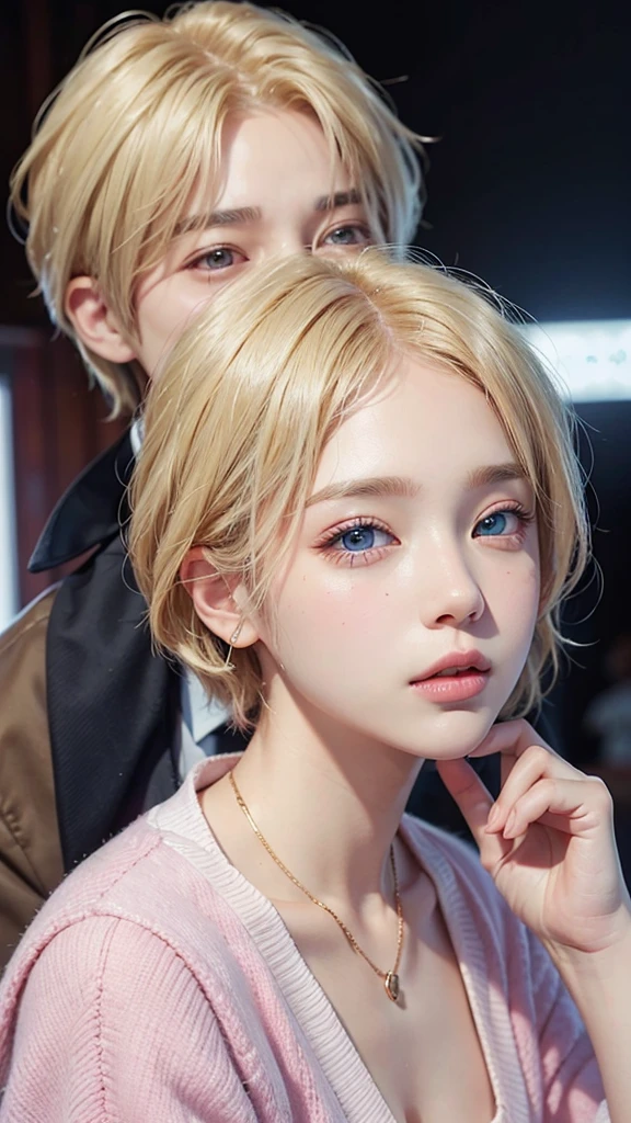 Young man, V of BTS, short and blonde hair, blue eyes, soft face, big lips, pink clothes