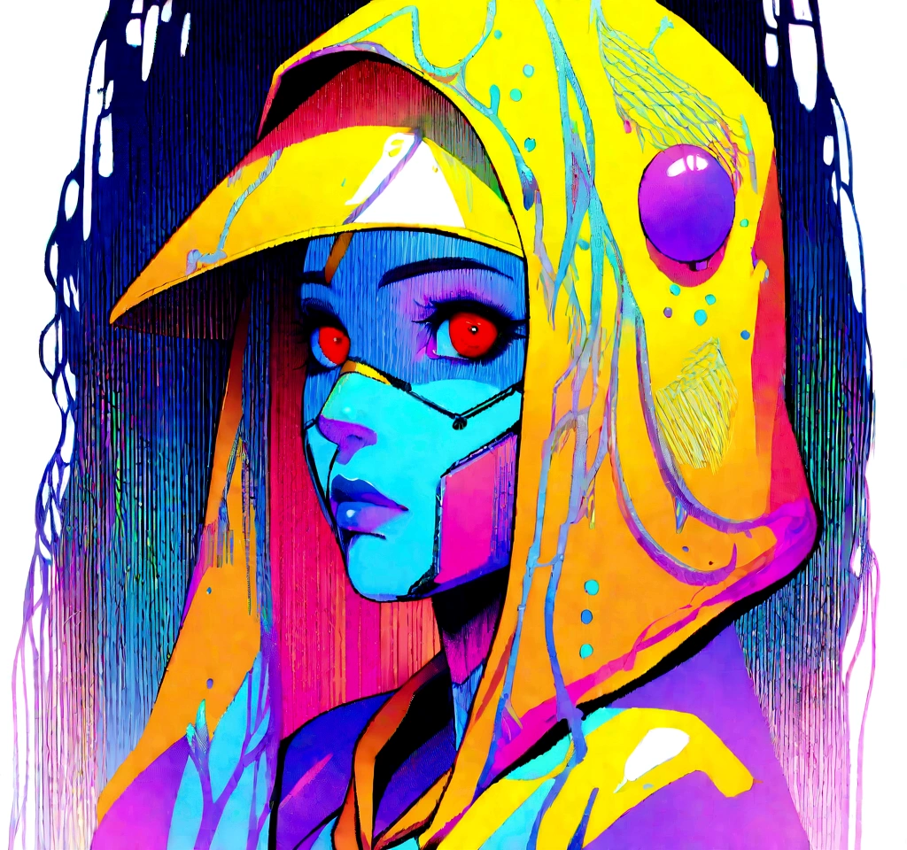 masterpiece, cyborg, The body is glamorous、, Wearing a hood, Shrouded in shadow,Wear an aura , Positano colours, Completely in frame, whole body, Emits electrical energy, whole body, Beautiful girl in beautiful anime waifu style, Ultra-detailed CG paintings, Luminism, Art by Kahn Griffith and Vadim Kashin Concept Art, 8Kresolution, 16kresolution、Fractal isometric details、 Bioluminescence , complicatedly detailed , Cinematic, trending on art station Isometric Centered hyper Realistic cover photo awesome full color, Grainy, Realistic, complicated, Hit definition , Cinematic, Bold, Vibrant, amazing, Super high quality model、Being pelted by rain in the dark、Controlling Lightning、Red eyes、The overall color scheme is based on white and blue.、Realistic