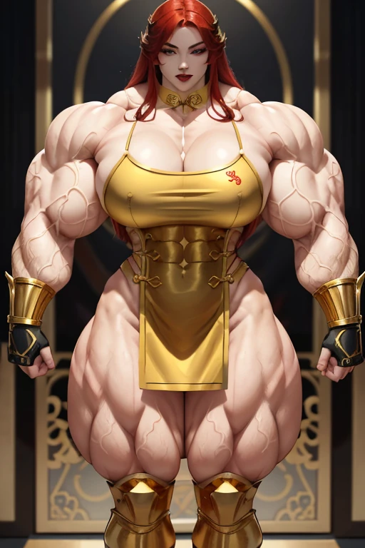 ((Massive, beautiful, buff, pale white skinned, muscular asian woman with red hair, black lipstick, ginormous bulky muscles and wearing an all gold beautiful long cheongsam dress)), (close view), massive muscles, massive biceps, hyper muscle triceps, (long hair), yellow eyes, (gold gauntlets), thigh high socks, high heels boots, (in a golden palace), surrounded by gold walls, night, closed smile, hyper muscles arms, hyper muscle legs, massive arms,