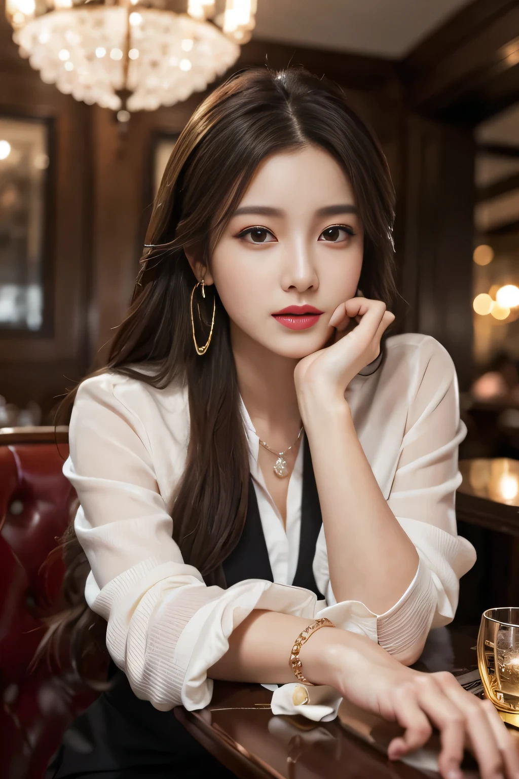masterpiece, Highest quality, Realistic, Very detailed, Finer details, High resolution, 8k wallpaper, One beautiful woman,Wear a nice suit, In a great restaurant, At night, Light brown messy hair, Perfect dynamic composition, Beautiful and beautiful eyes、Big earrings、Sit on a chair