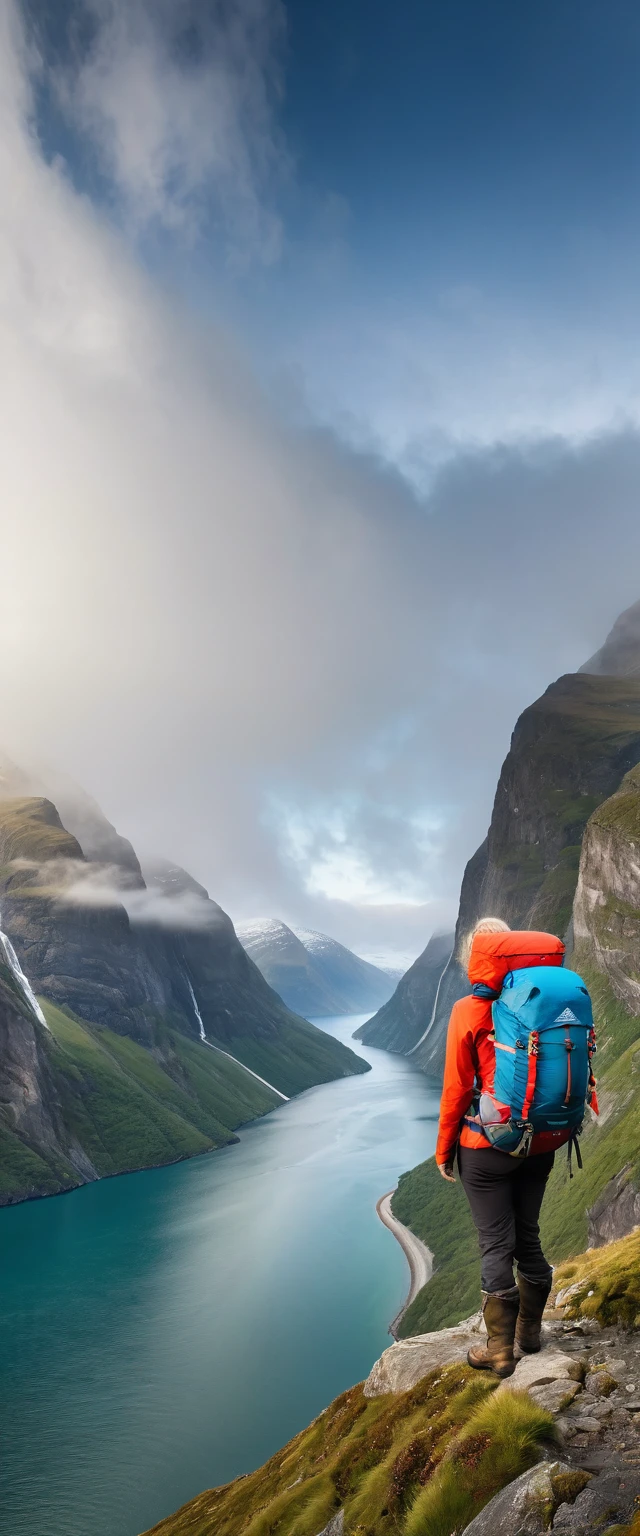 Highest quality,(masterpiece:1.2),Ultra-high resolution,RAW color photos,8K,Vast landscape photography,Realistic photos,Elaborate photos,Middle-aged women,Mountaineering,Back view,(Outdoor clothing),(Large backpack),(From below,Woman standing on a fjord,Gazing out at the vast ocean below),bad weather,fog,,Depth of written boundary,Wide Light,Low Contrast,Backlight,Sharp focus,Vibrant colors,Dynamic composition
