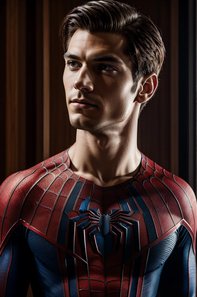 Photo of spider man, no mask, 20s, handsome, detailed face, looking at camera, Portrait, 8k uh, High quality