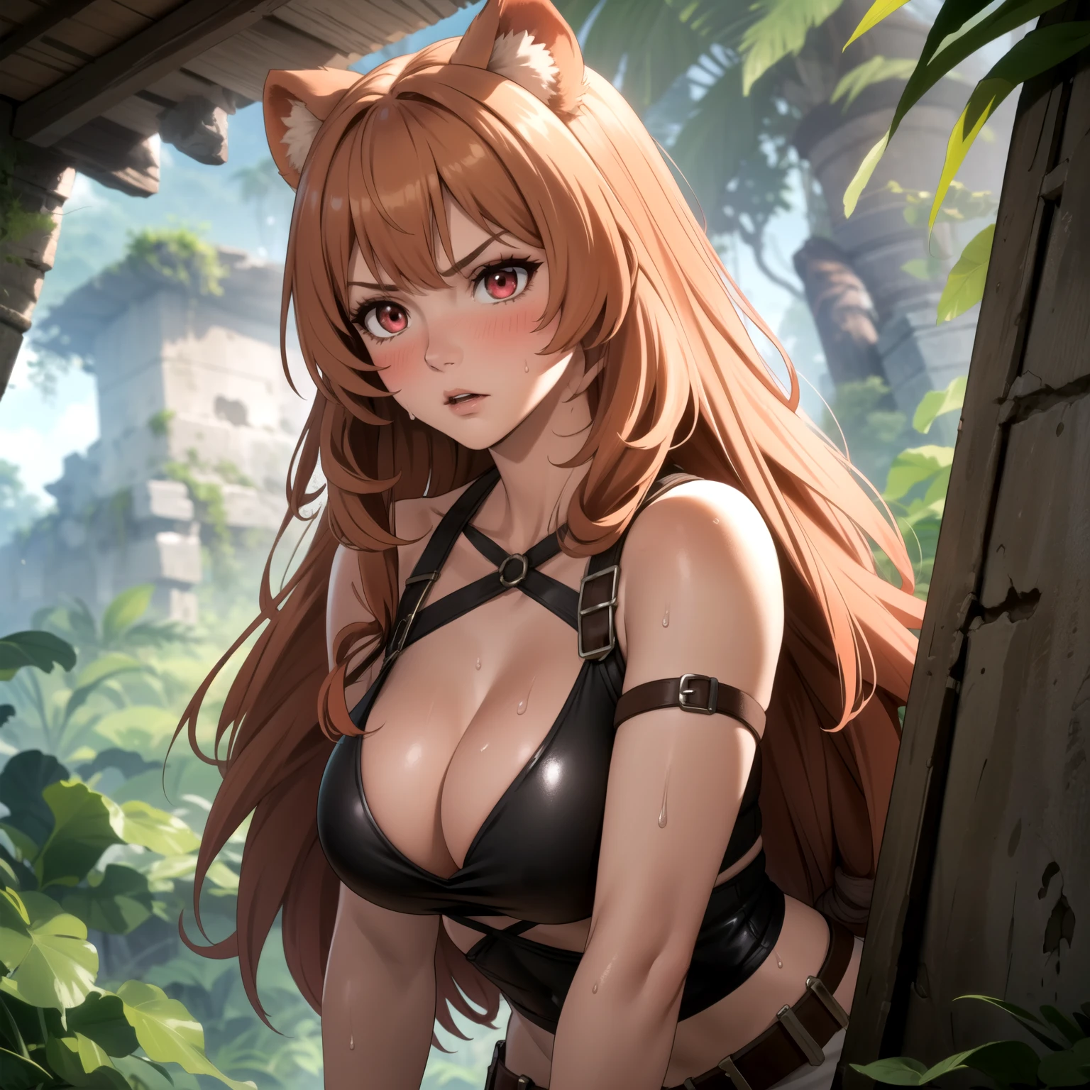 raphtalia.  20 year old woman straight light orange hair , rounded bear ears, red eyes like ruby., serious expression, blush,  pale skin, big breasts, lara croft costume, lara croft clothes , explorer, background some mayan ruins in the middle of the jungle. sweat on the body, sweaty leather, 