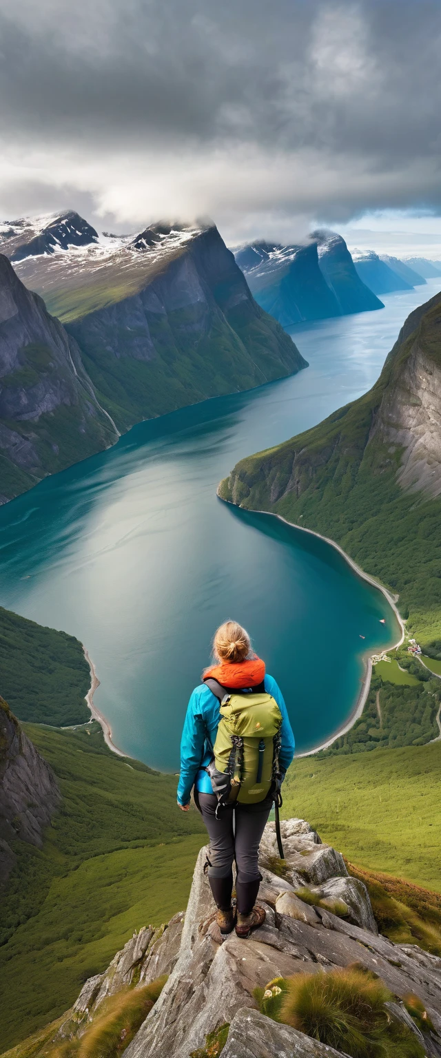 Highest quality,(masterpiece:1.2),Ultra-high resolution,RAW color photos,8K,Vast landscape photography,Realistic photos,Elaborate photos,Middle-aged women,Mountaineering,Back view,(Outdoor clothing),(Large backpack),(From below,Woman standing on a fjord,Gazing out at the vast ocean below),Cloudy,Beautiful sea,horizon,Depth of written boundary,Wide Light,Low Contrast,Backlight,Sharp focus,Vibrant colors,Dynamic composition
