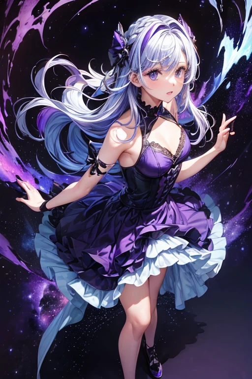Masterpiece,(Best Quality),(Twins), (High contrast:1.2), (High saturation:1.2), ((black and white dress)), looking at the viewer,((purple and blue theme:1.3)),((purple and blue background:1.5)),by white,Blue eyes,((walking:1.3)),whole body, pose sexy, black shoes,((The blue water on the ground reflects the starry sky, the nebula and the galaxy.)),((From above:1.2)), (showy:1.5), (showy hair:1.5),
