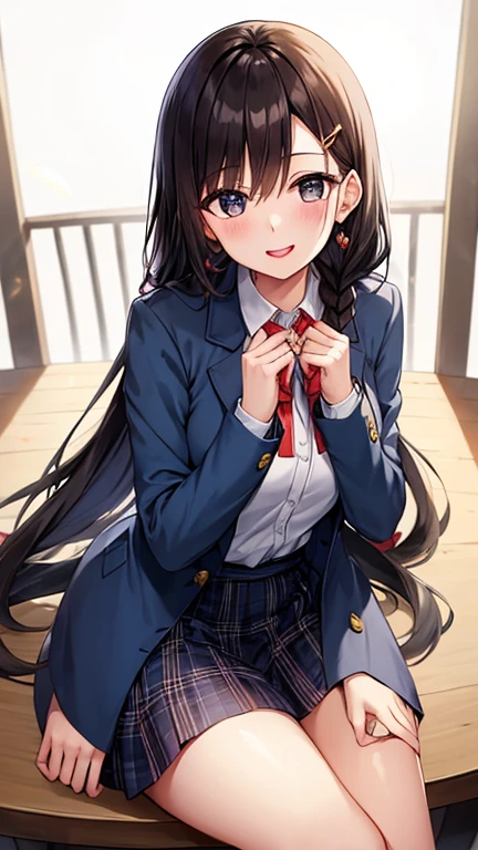 highest quality, (masterpiece:1.2), very detailed, pure white background, 1 girl, irido yume, looking at the viewer, open your mouth, nice smile, brown shiny eyes, dark hair, Very long braid, big blue shiny hair clip, , dark blue plaid skirt, middle long skirt, white shirt, blue jacket, Golden coat of arms, big red ribbon on the chest, lipstick、very shiny hair、laughter、bright look、My eyes are shining、(The light is shining in your eyes and hair), There&#39;s a lot of light in my eyes, The corners of the eyes are drooping, arms outstretched