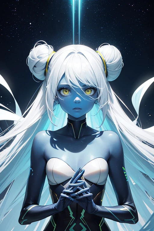 Alien woman, yellow colored-eyes, (alien sci-fi women, blue colored-skin, three eyes, long white hair buns), face and body that are as precisely produced as human women and backed by science, and a well-proportioned, high-dimensional, detailed appearance. A clone is lost on a sand planet and is looking for a place to go, from the viewer's perspective