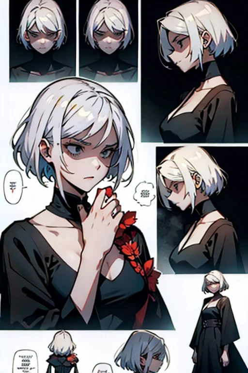 Girl with short white hair small and really skinny, feeling extremely sick, detailed illness, coughing blood, fainting , throwing up, bloody, wearing long black dress, running, manga page with panels and dialogue    