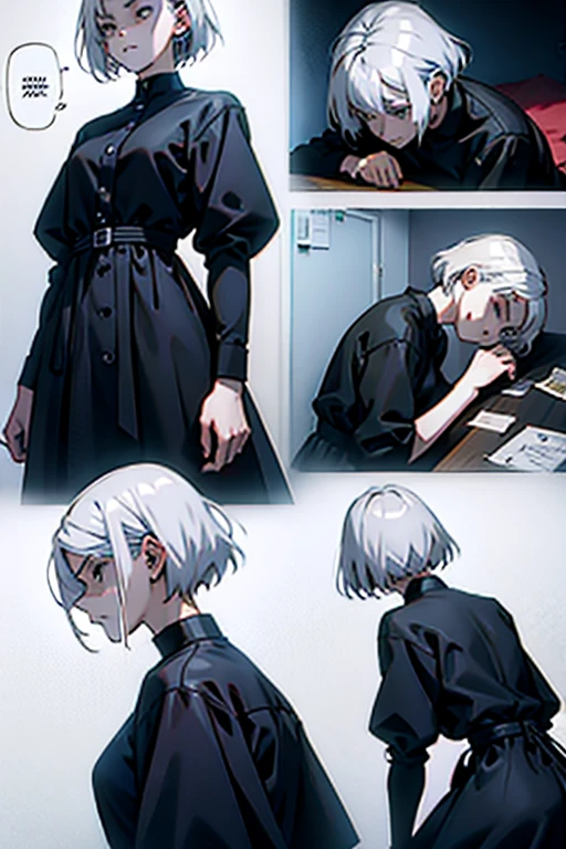 Girl with short white hair small and really skinny, feeling extremely sick, detailed illness, coughing blood, fainting , throwing up, bloody, wearing long black dress, running, manga page with panels and dialogue    