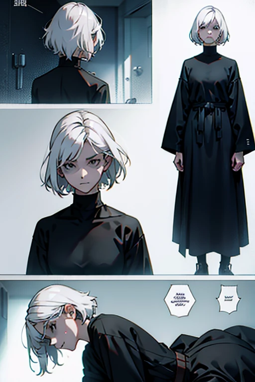 Girl with short white hair small and really skinny, feeling extremely sick, detailed illness, coughing blood, fainting , throwing up, bloody, wearing long black dress, running, manga page with panels and dialogue    