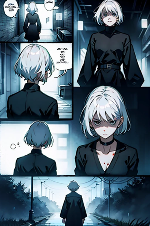 Girl with short white hair small and really skinny, feeling extremely sick, detailed illness, coughing blood, fainting , throwing up, bloody, wearing long black dress, running, manga page with panels and dialogue    