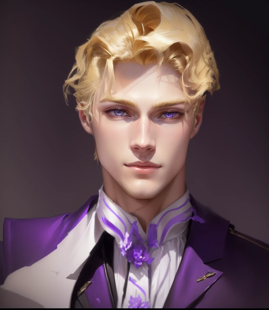 Close-up of a man with blond hair and a purple shirt, beautiful androgynous prince, gentle androgynous prince, handsome guy in demon slayer art, Jojo in anime style, Johan Liebert teaming up with Alucard, made in an anime artist&#39;s studio, Anime portrait of a handsome man, Johann Liebert and Dante, drawn in an anime artist&#39;s studio, androgynous face, Style by NTY, dark, colorful, Kira Yoshikage, kira yoshikage, formal, striped, suit, necktie